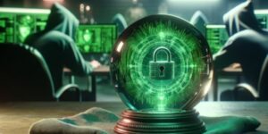 Crystal ball with cybercriminals in background