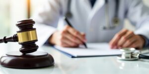 Gavel with doctor writing