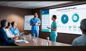Group of healthcare professionals in a conference room. TWo people in healthcare scrubs are giving a presentation. On the screen reads "AI Powered Health Analytics."