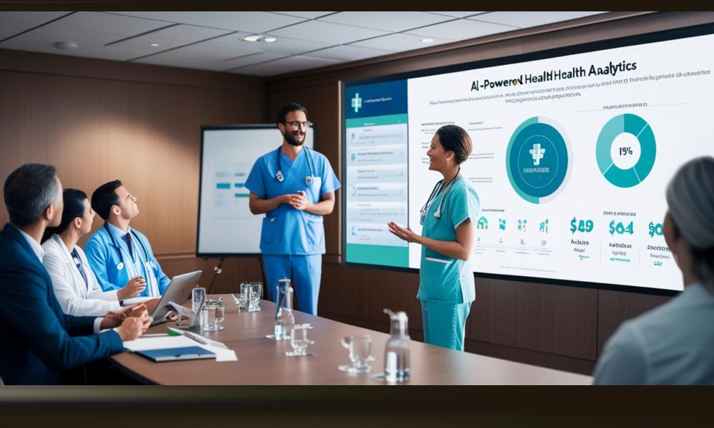 Group of healthcare professionals in a conference room. TWo people in healthcare scrubs are giving a presentation. On the screen reads "AI Powered Health Analytics."