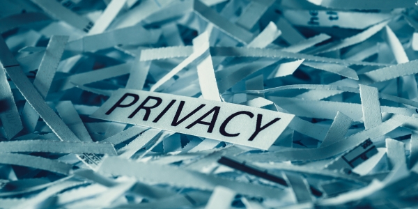 Shredded paper with a strip labeled PRIVACY, symbolizing data privacy and security.