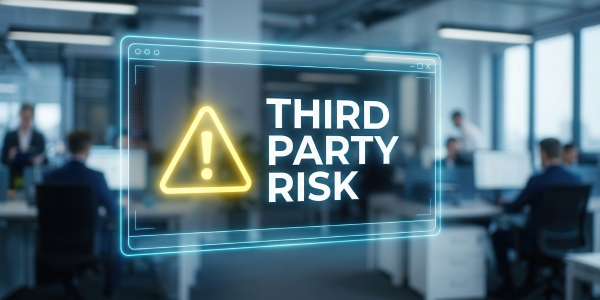 Image shows a warning sign with an exclamation point in the middle. The image also has the wording "third party risk" that refers to using third-party vendors as business associates.
