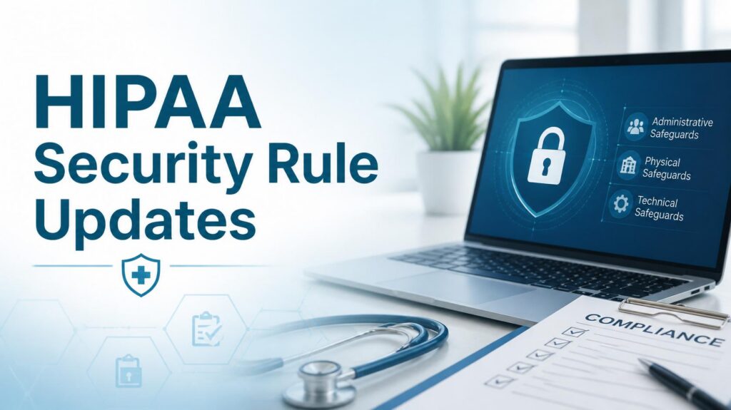 Image shows a laptop and doctor's stethoscope on a table with a plant in the background. The image title reads, "HIPAA Security Rule Updates."
