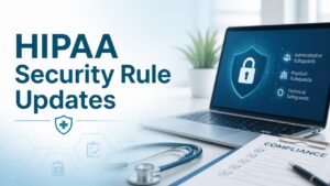Image shows a laptop and doctor's stethoscope on a table with a plant in the background. The image title reads, "HIPAA Security Rule Updates."