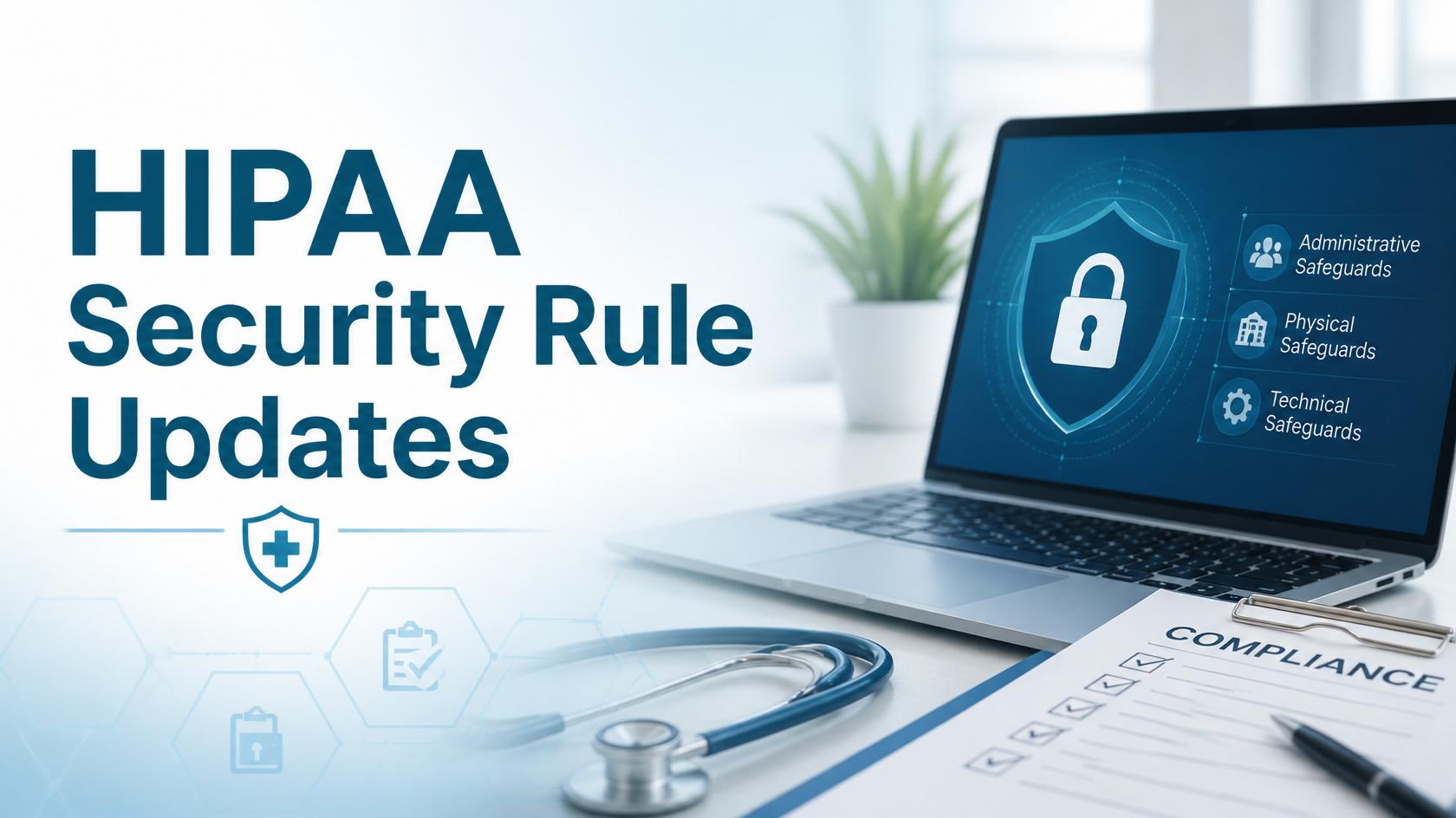Image shows a laptop and doctor's stethoscope on a table with a plant in the background. The image title reads, "HIPAA Security Rule Updates."