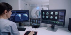 Radiologist monitors screens for MRI scan.