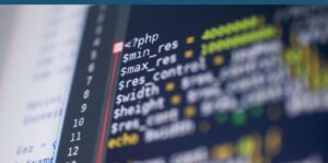 Image of a computer screen that shows code for a website with the words "PHP" at the top.
